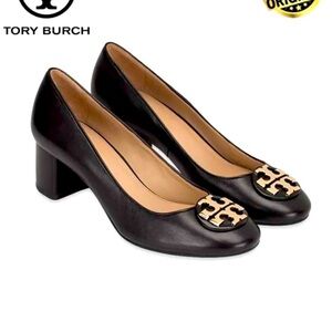 NIB Tory Burch Janey 50 MM Pump Black Calf Leather Gold Logo Block Heel Shoes